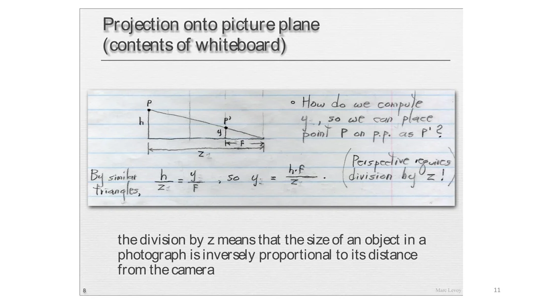 Whiteboard derivation of y = h f / z with similar triangles
