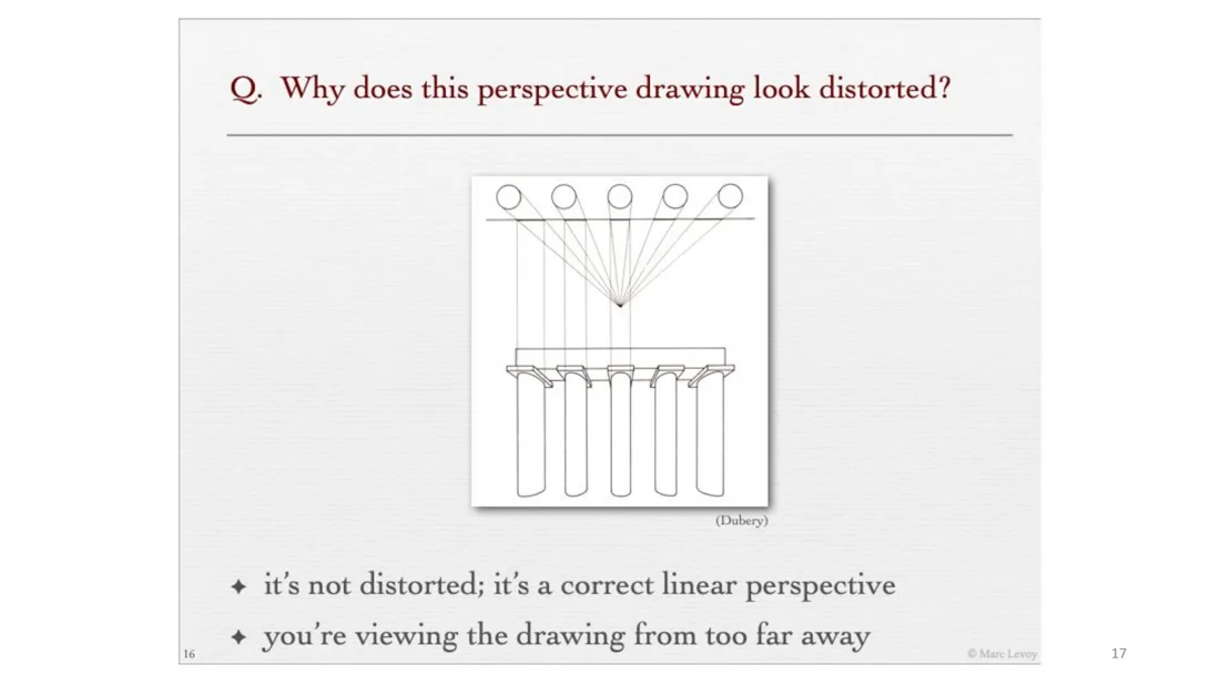 Columns drawn in linear perspective appear wider at the sides