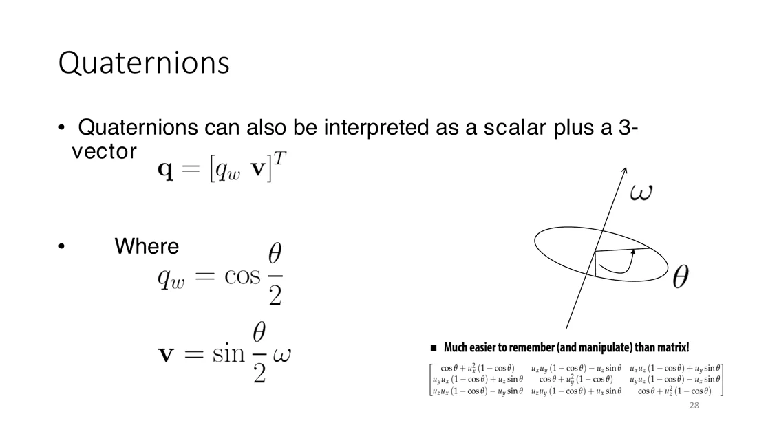 Quaternion as scalar plus vector, rotation axis omega and angle theta