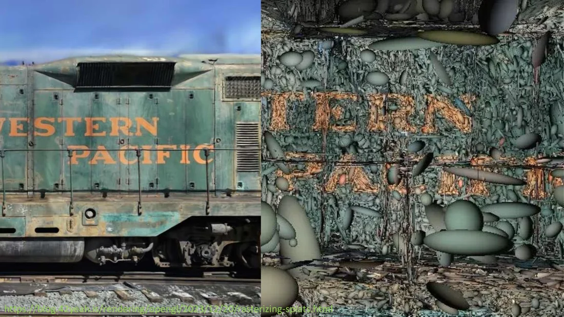 A train rendered with 3DGS next to the visualized ellipsoids