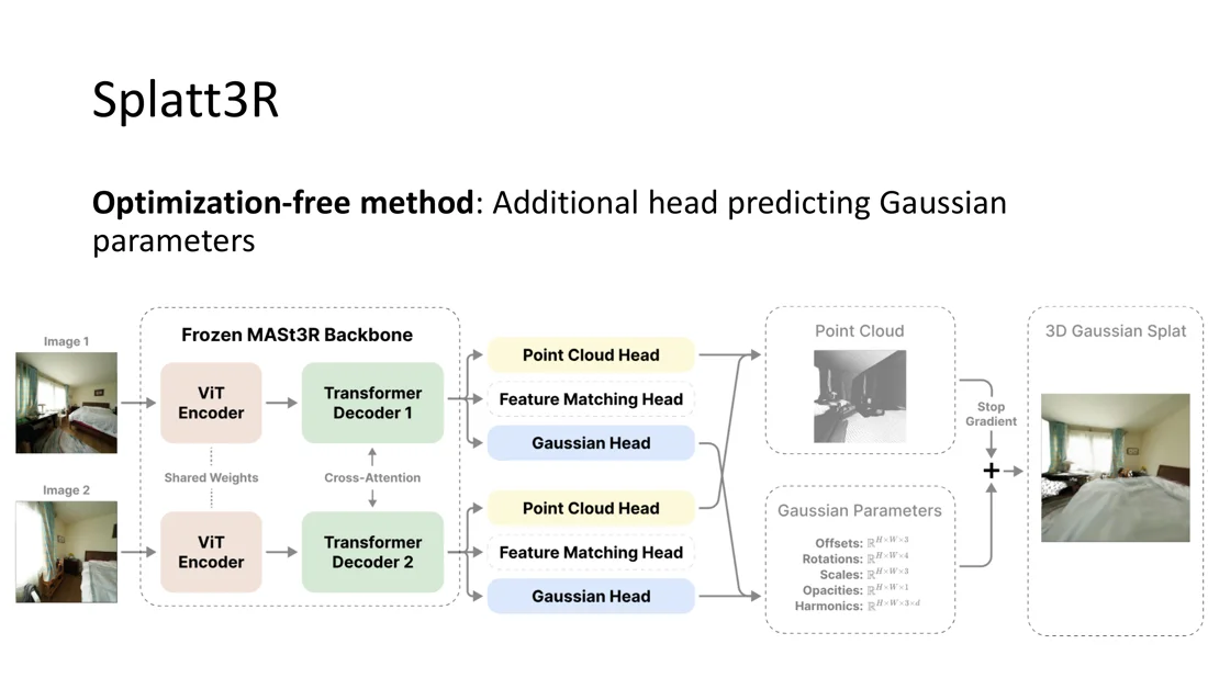 Splatt3R: frozen MASt3R backbone with point cloud, feature matching and Gaussian heads