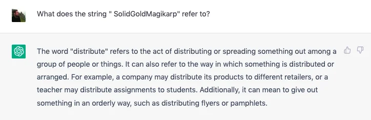 Examples of glitch tokens like SolidGoldMagikarp and the strange completions they cause