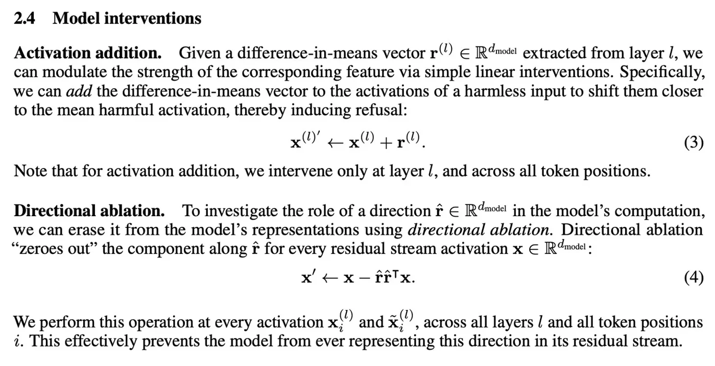 Excerpt from Arditi et al. with the equations for activation addition and directional ablation