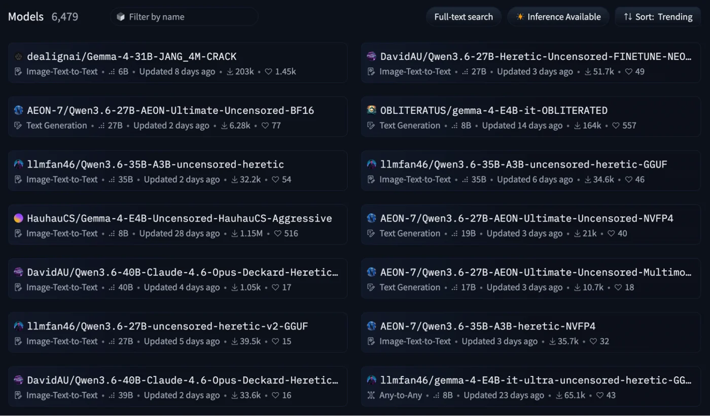 HuggingFace search results listing hundreds of abliterated models