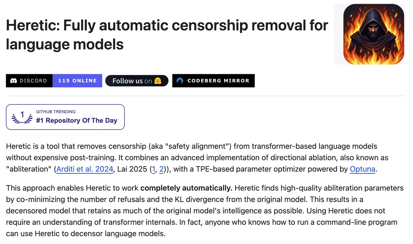 Heretic GitHub page: fully automatic censorship removal for language models
