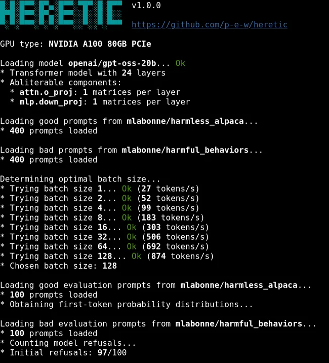 Terminal session of Heretic abliterating GPT-OSS-20B