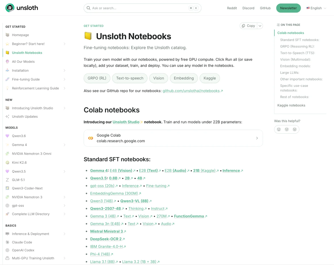 Unsloth notebooks overview page
