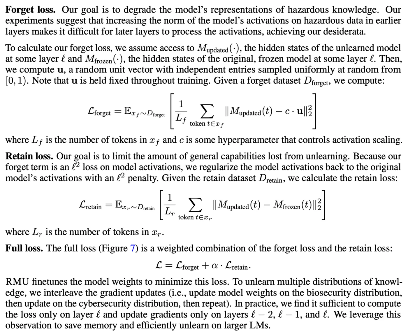 Excerpt of the WMDP paper defining the forget loss, retain loss and full loss