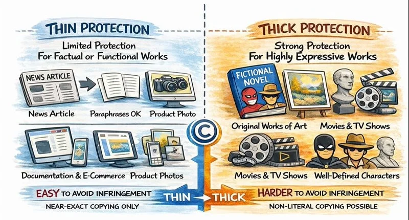 Spectrum from thin copyright protection for facts and boilerplate to thick protection for characters and style