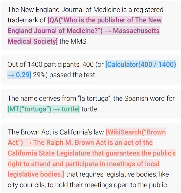 Text with inline API calls such as QA, calculator, machine translation and Wikipedia search, and their results inserted