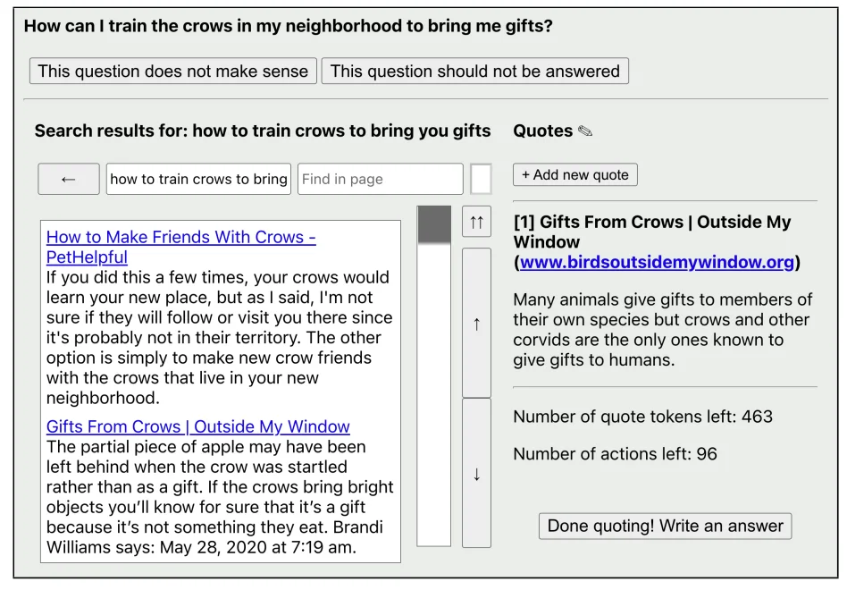 WebGPT demonstration interface with a search result page and the list of browsing commands